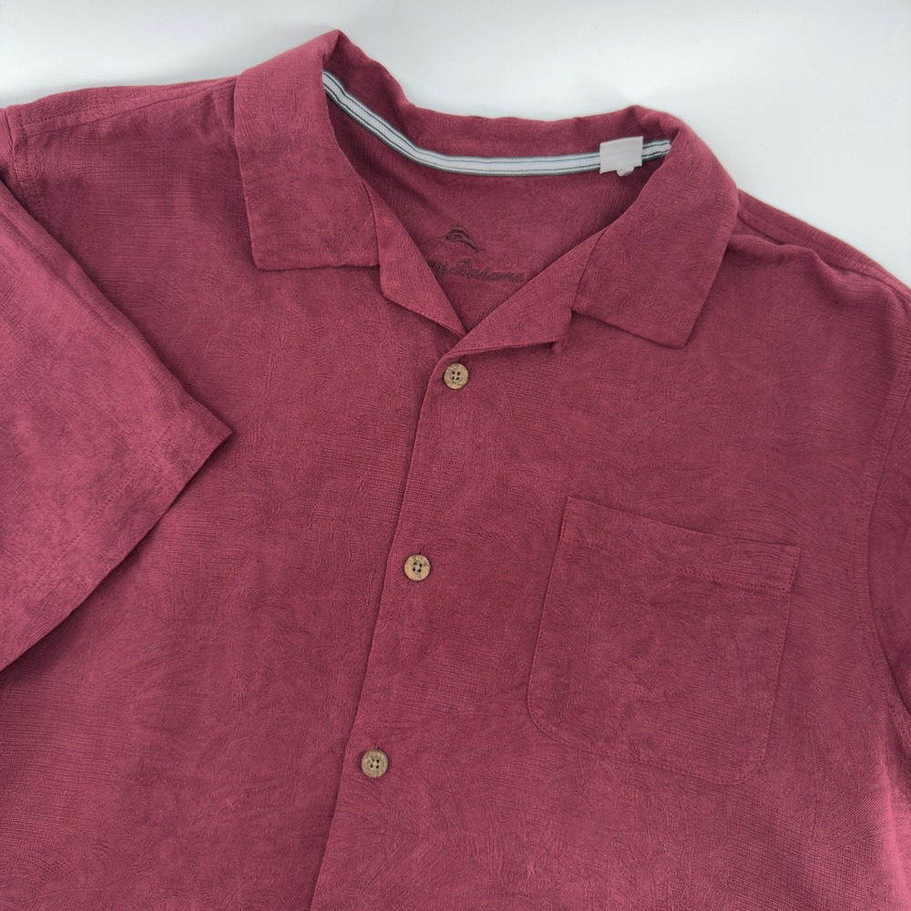 Tommy Bahama Mens XL Silk Jacquard Short Sleeve Button Up Shirt Burgundy Maroon